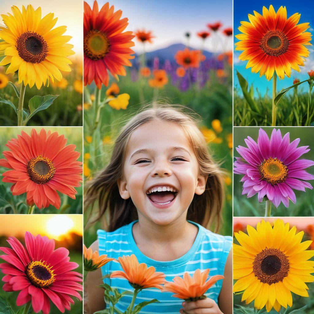 A vibrant collage of photographs showcasing the beauty of everyday life, featuring diverse subjects: a laughing child, a blooming flower, and a serene landscape. Each image should be infused with vivid colors and artistic brushstroke effects, emphasizing the theme of elevating ordinary moments into extraordinary art. A soft background gradient enhances the focus on the images. glowing details. colorful artistic style. vibrant colors.