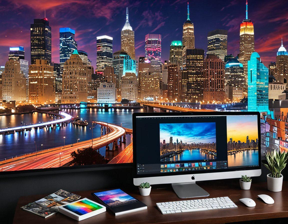 A vibrant digital collage showcasing various photo editing techniques, including color correction, layering, and brush strokes, with an array of colorful swatches and editing tools scattered around. A computer screen in the background displays a stunning before-and-after image of a cityscape. Bright, engaging tones that evoke creativity and mastery in digital arts. super-realistic. vibrant colors. dynamic composition.