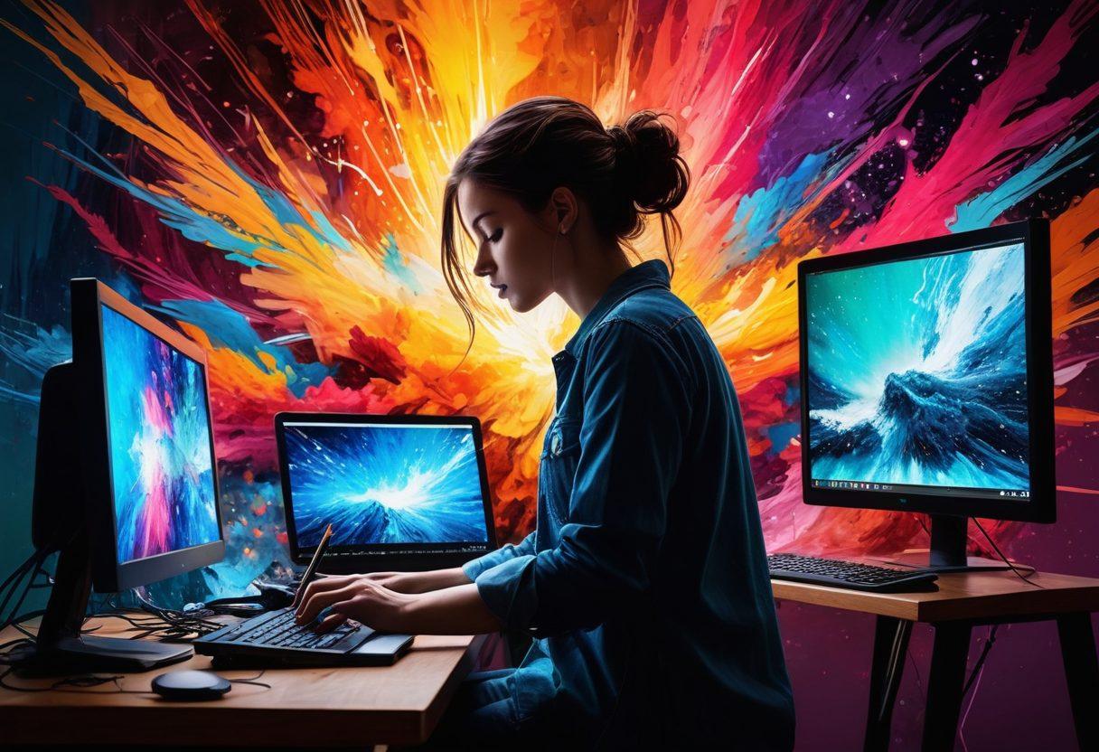 A captivating collage that showcases the evolution of digital imagery, featuring vibrant color palettes, a mix of abstract and realistic digital art pieces, a computer displaying a digital art software interface, and a silhouette of an artist at work. The background should be filled with brush strokes and pixel effects to symbolize transformation. super-realistic. vibrant colors. abstract elements.